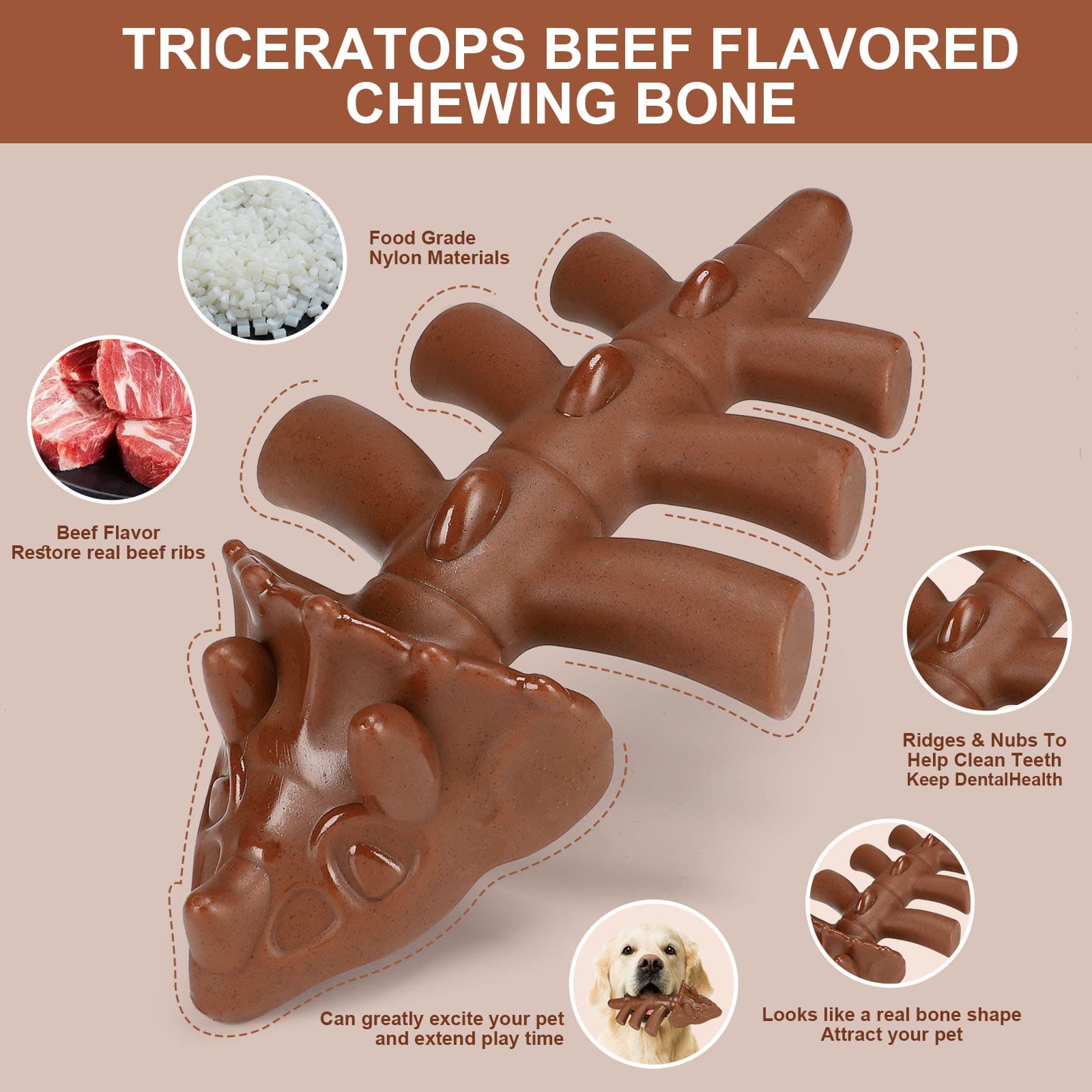 Aggressive Chewer Dog Toy – Beef Flavor Triceratops Chew Toy for Medium & Large Dogs