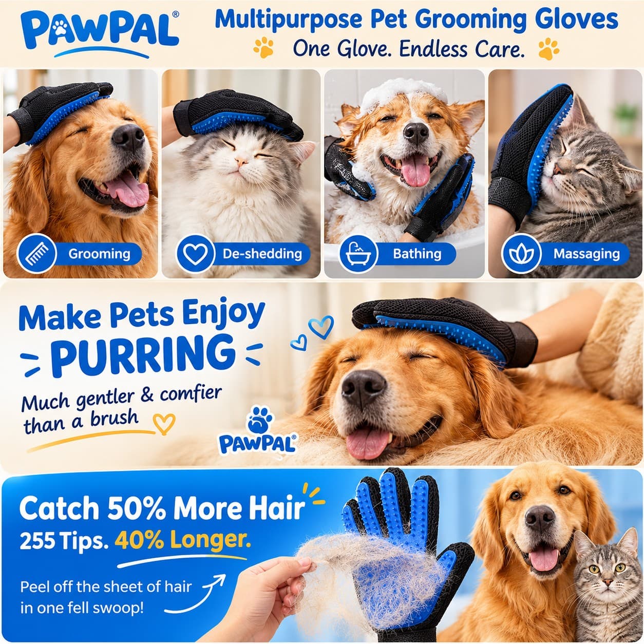 Cat Grooming Gloves, Upgrade Deshedding Brush with Enhanced Five-Finger Design,