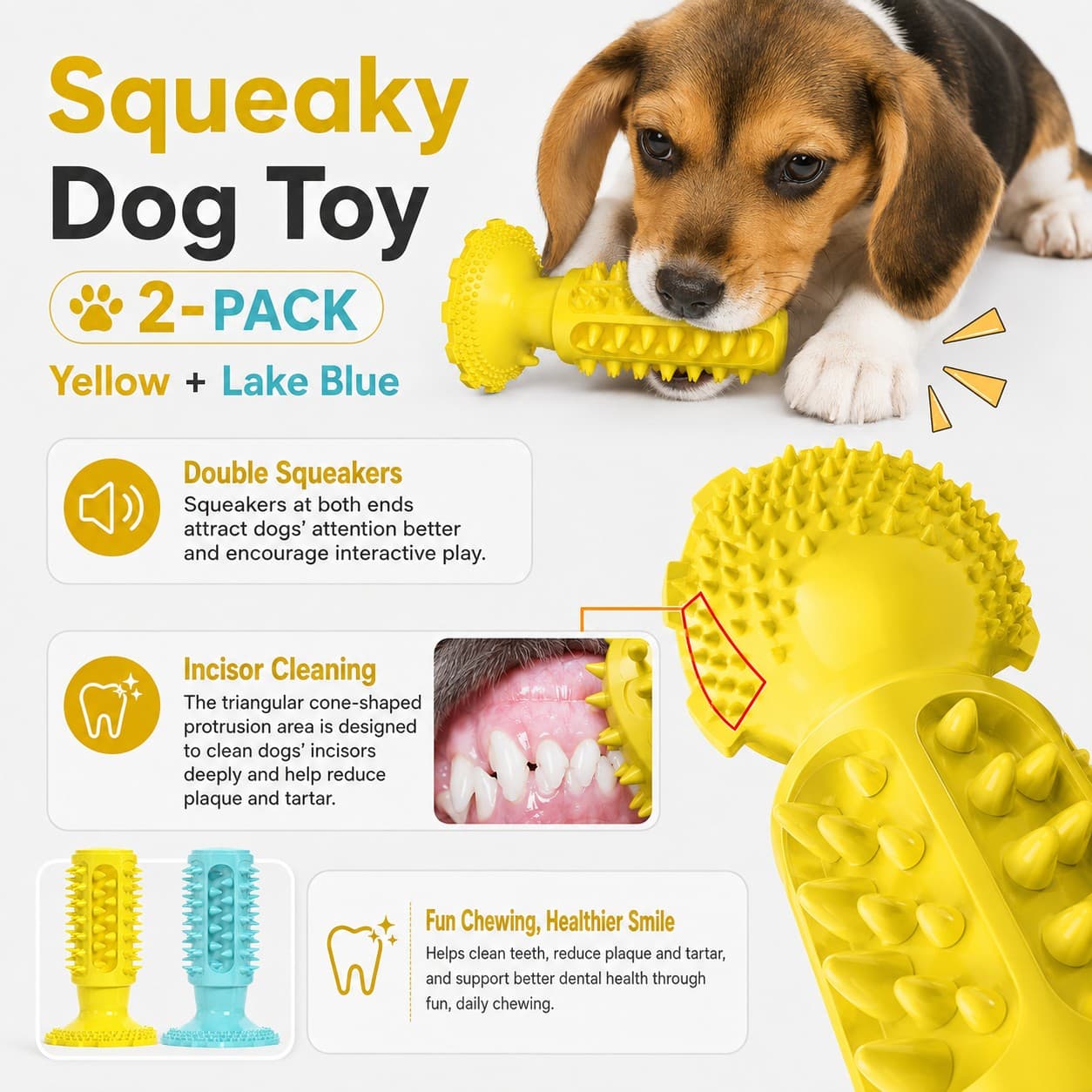 2-Pack Interactive Toothbrush Chew Toy, Lab-Tested TPR Silicone Dental Cleaning Stick Squeaky,