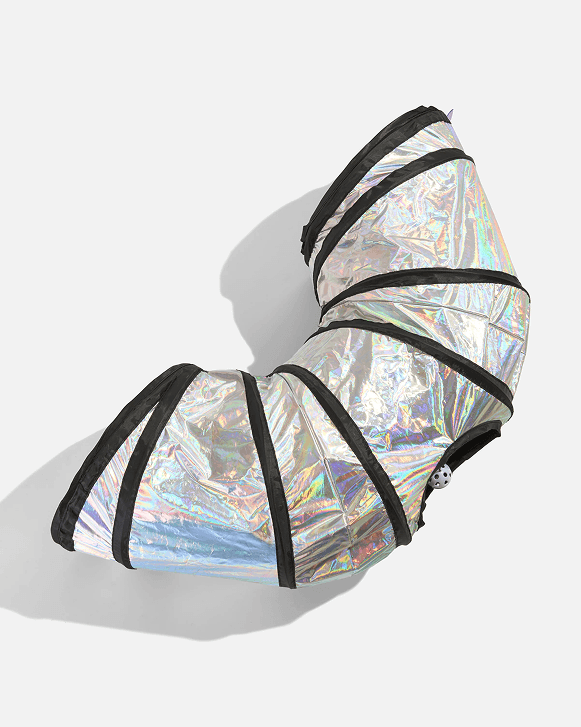 An iridescent collapsible cat tunnel curved into an S shape