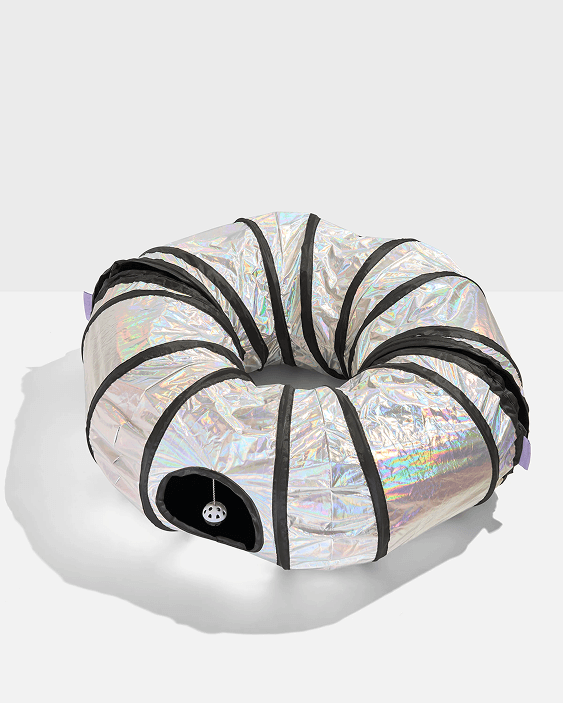 An iridescent cat tunnel formed into a ring with a dangling play ball inside